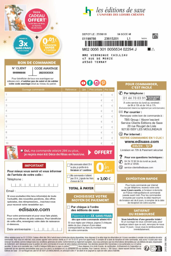 bon de commande marketing direct courrier de vente à distance